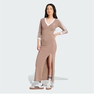 adidas Originals Maxi Dress V-Neck in tan with white stripes stretch size small